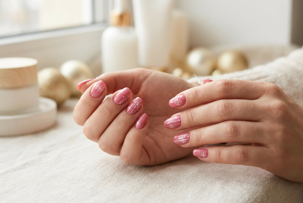 Noël en rose : des ongles de fête rose avec des motifs simples