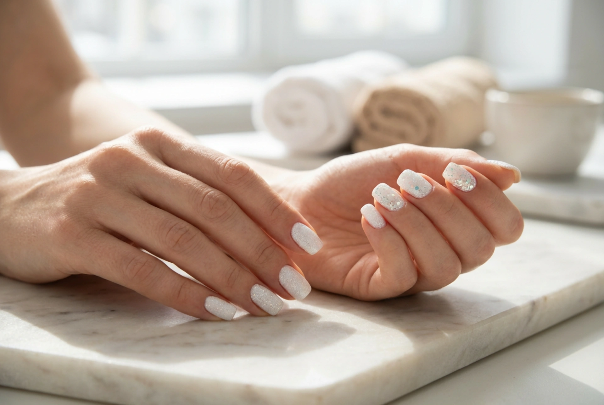 Ongles blancs à paillettes : de la poudre délicate au glitter audacieux