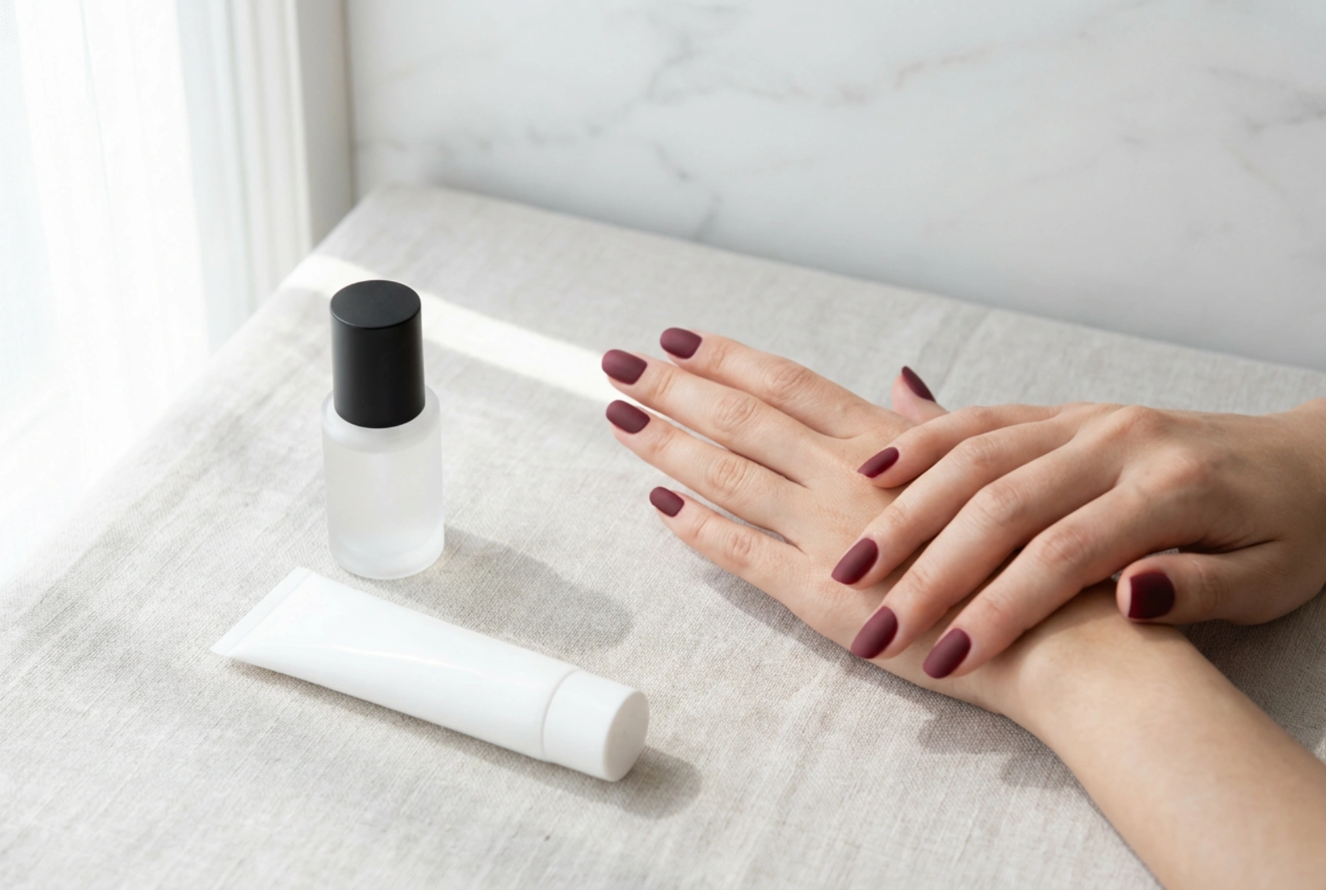 Ongles bordeaux mats : profondeur de la couleur, top coat mat et soin des mains