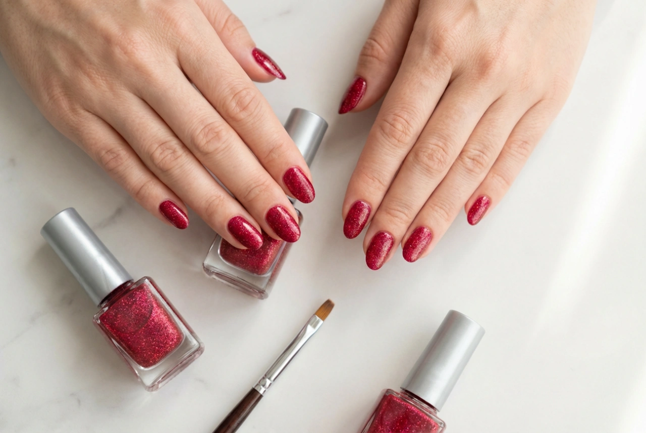 Manucure rouge à paillettes étape par étape : base, paillettes et finition