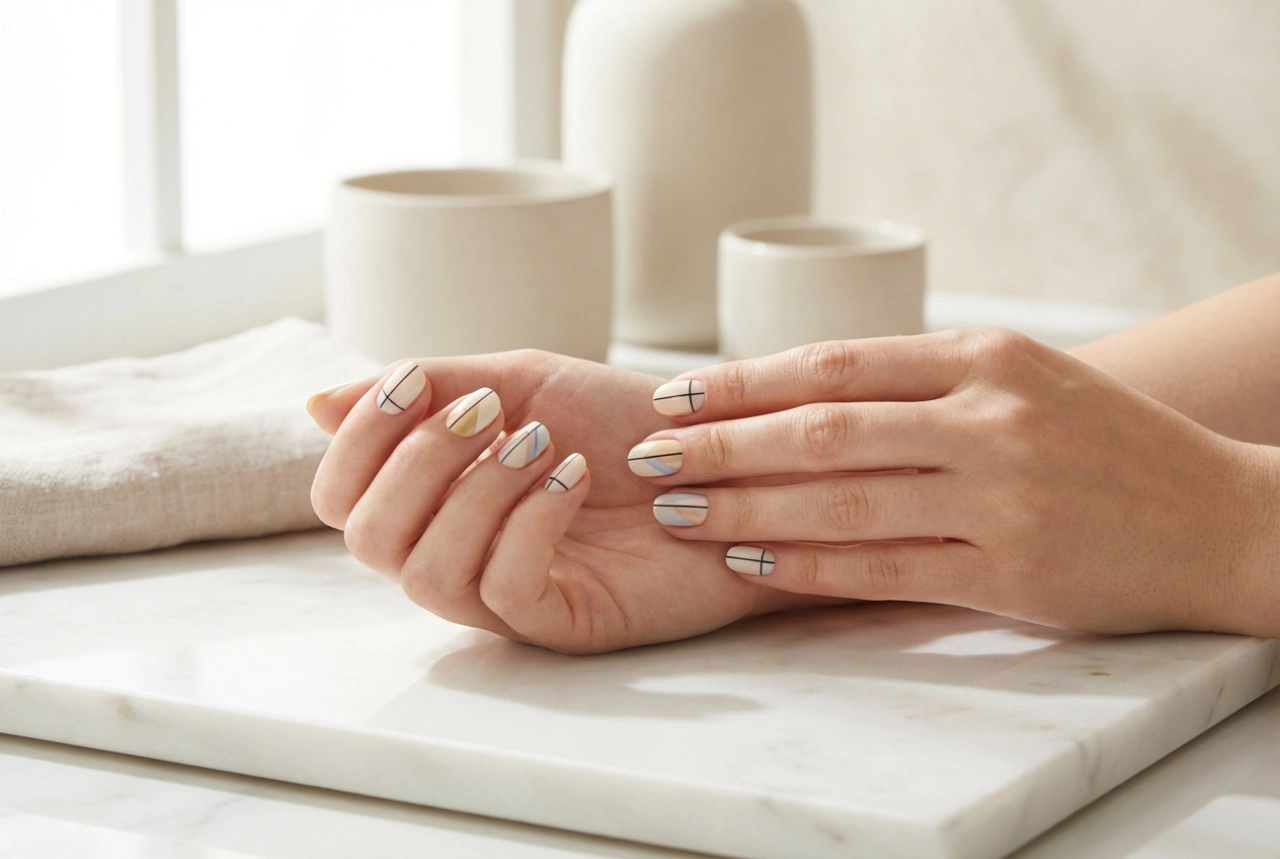 Motifs géométriques sur les ongles : rubans, tampons et dessin à main levée