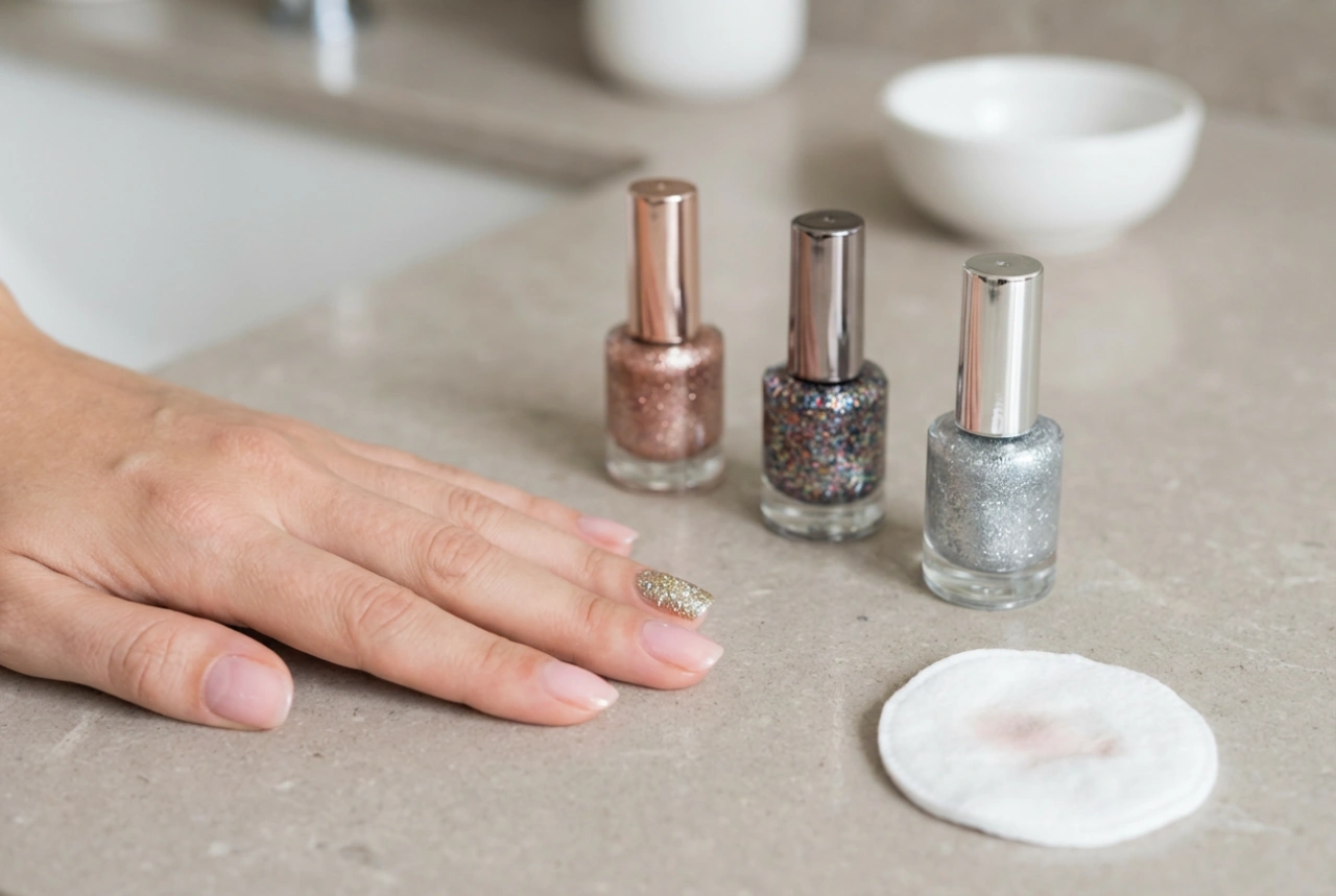 Vernis à ongles pailletés : application uniforme, superposition et retrait