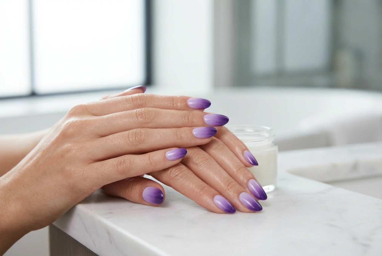 Ongles ombrés violets pas à pas : mélange des teintes et fixation