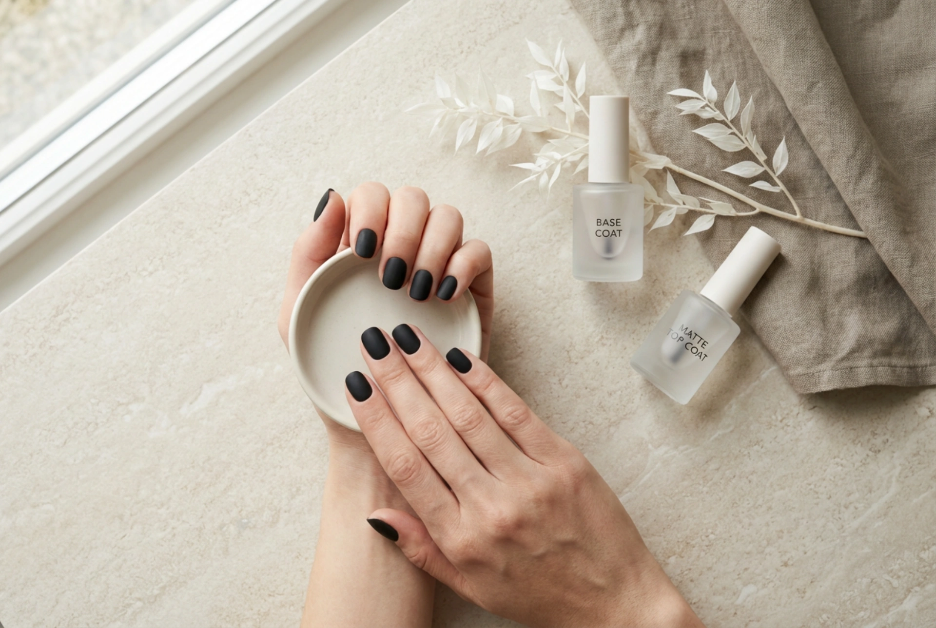Ongles noirs mats étape par étape : base, top coat mat et fixation