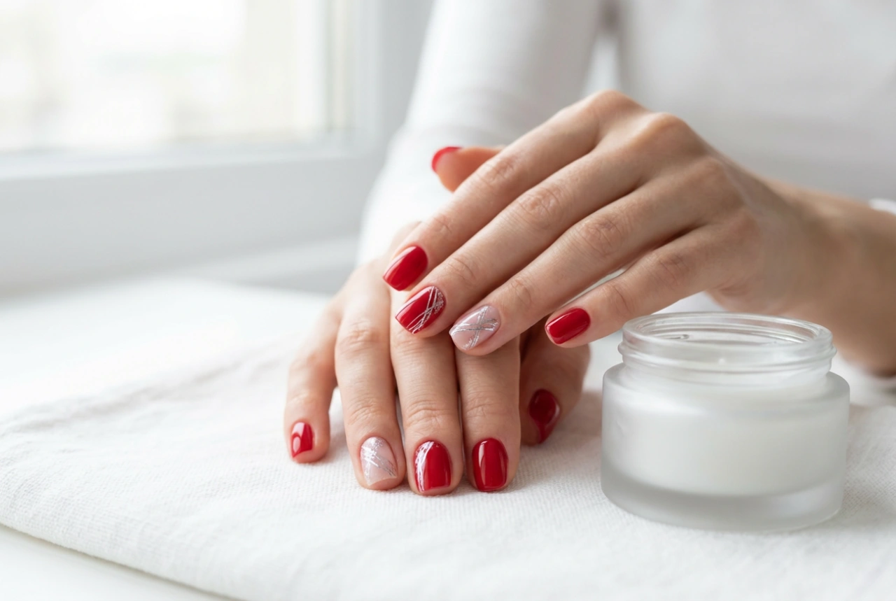 Ongles rouges et argentés : lignes, accents et paillettes étape par étape