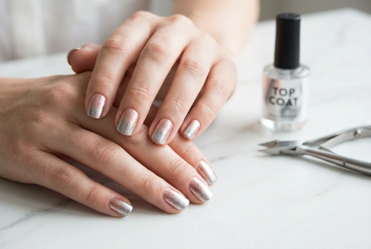 Ongles ombré métalliques : poudres, application et finition top coat