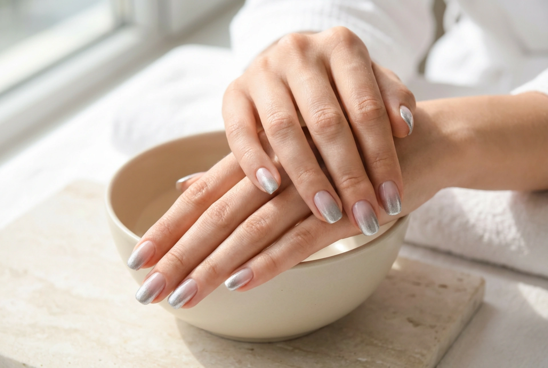 Ongles ombré argenté : la transition vers l'argent sur différentes bases