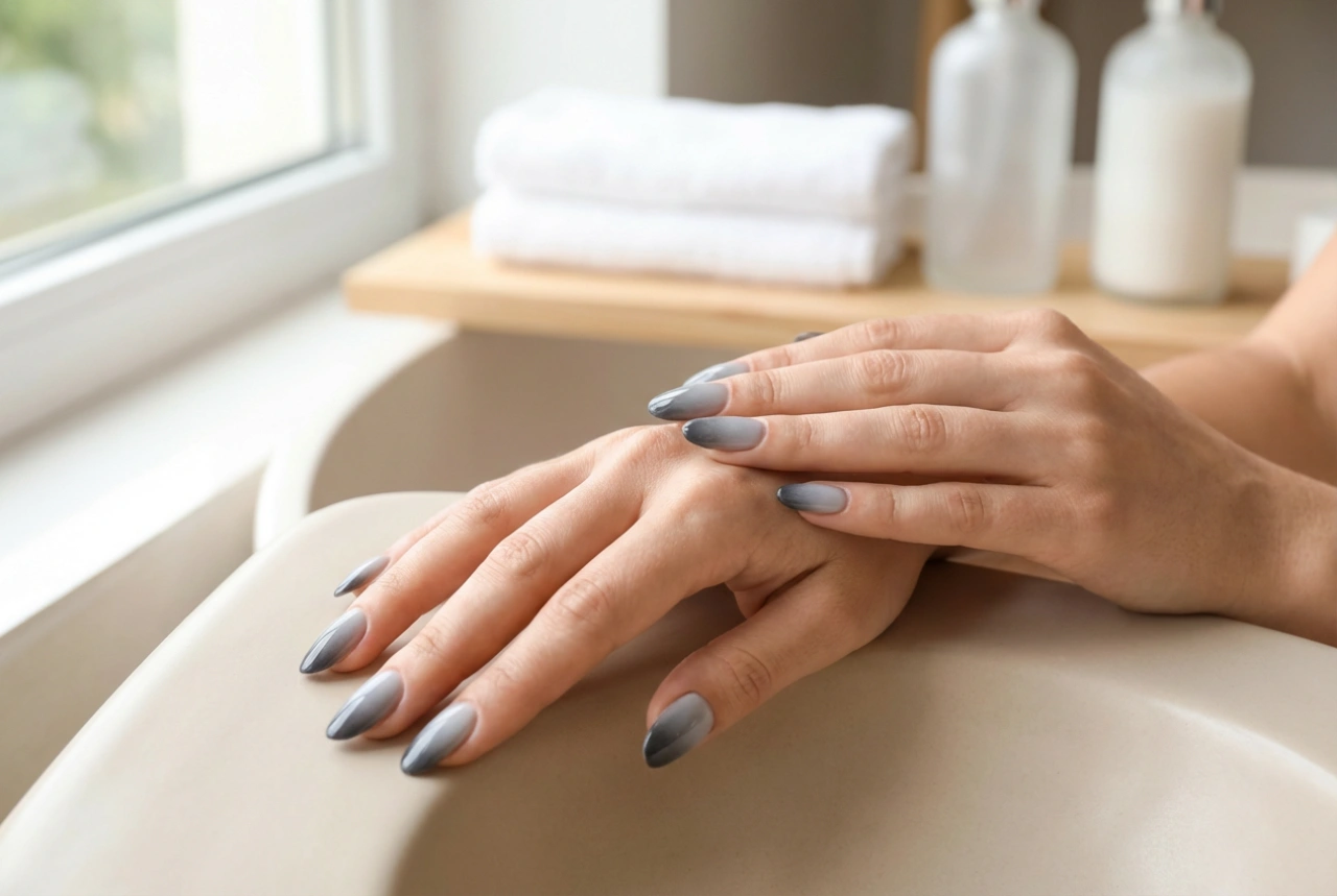 Ombré gris sur les ongles : choix des nuances, dégradé et top coat