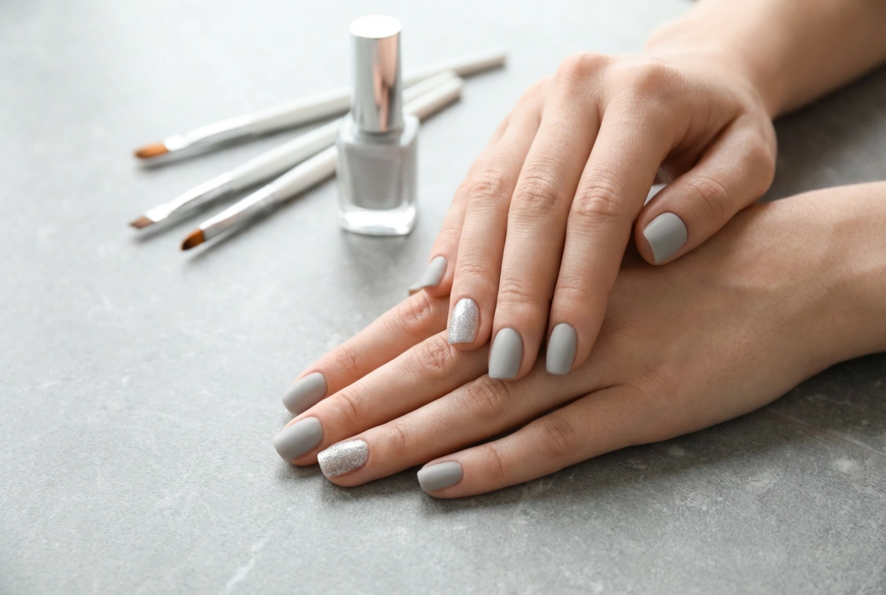 Ongles gris avec une touche argentée : techniques simples et outils essentiels