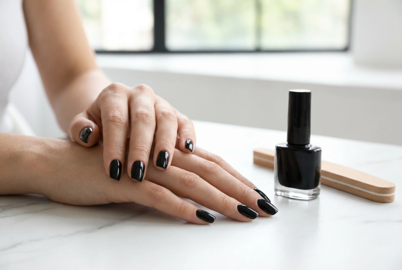 Vernis semi-permanent noir sans traces : préparation de l'ongle et deux couches