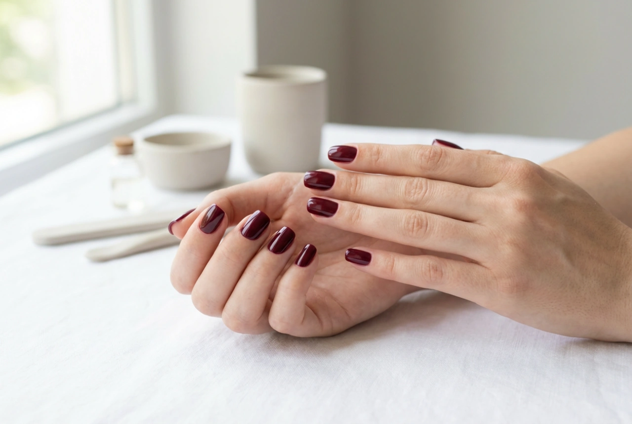 Vernis semi-permanent bordeaux sans coulures : superposition et contours nets