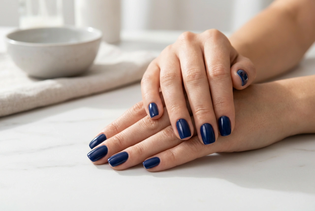 Vernis semi-permanent bleu marine : couvrance profonde sans inonder les cuticules
