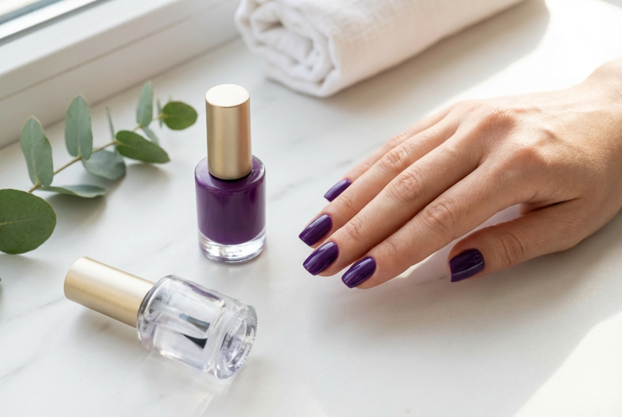Vernis semi-permanent violet : application de la base et brillance homogène