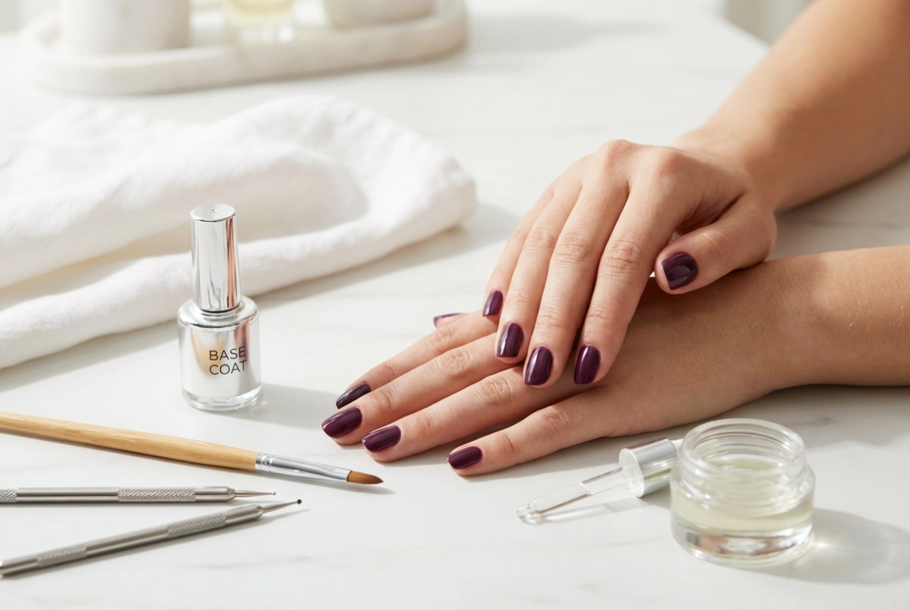 Manucure hybride prune : préparation, application et décorations