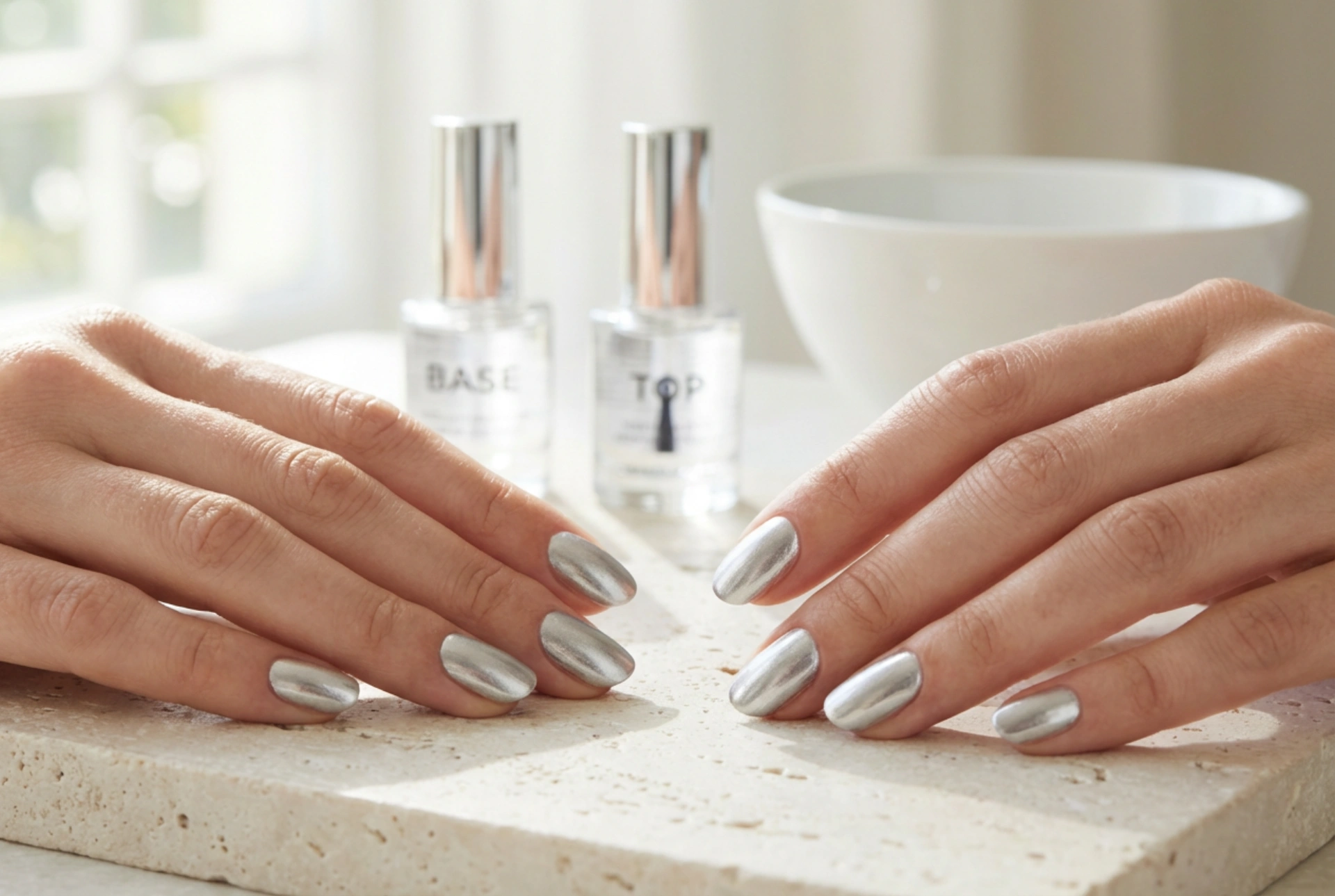 Vernis à ongles argenté sans traces : base, couches fines et top coat