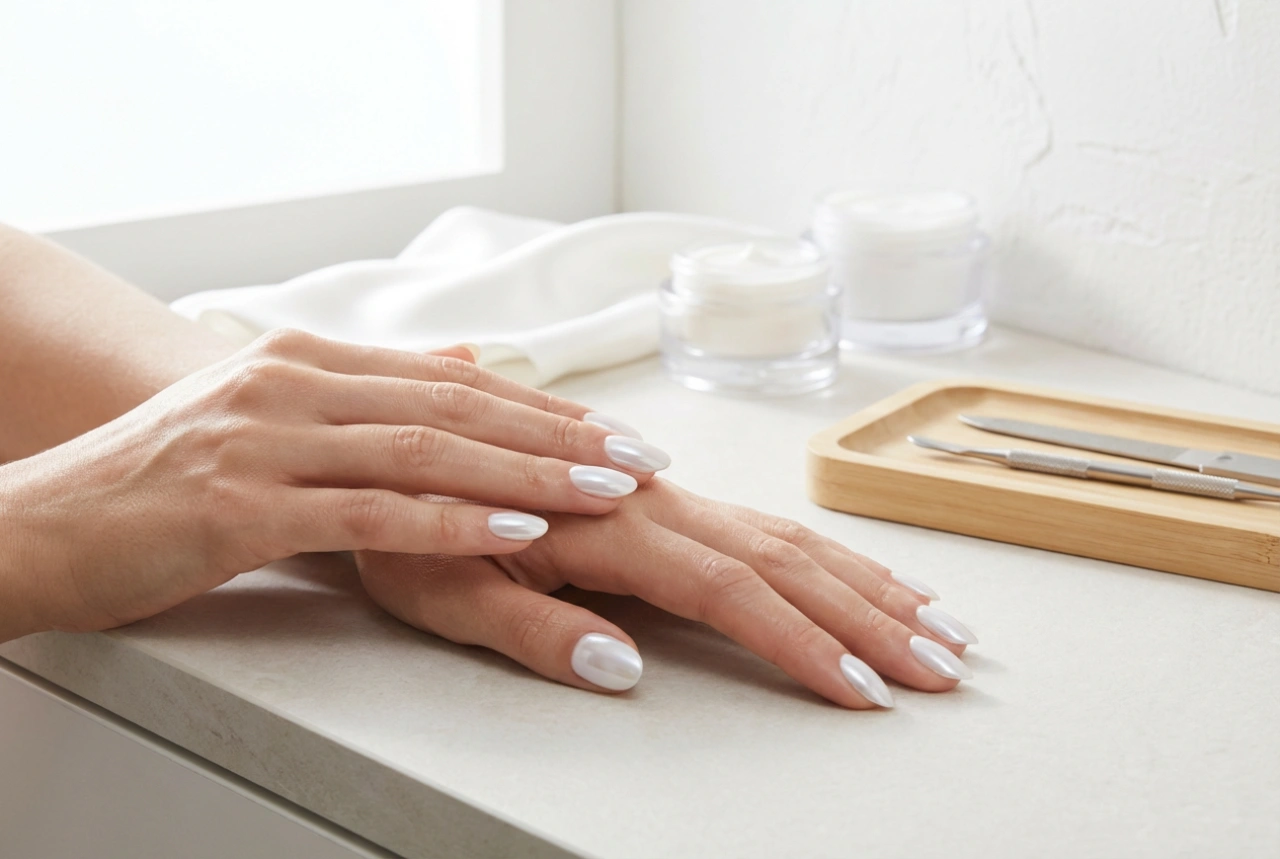 Ongles clairs avec poudre : effet miroir délicat pas à pas