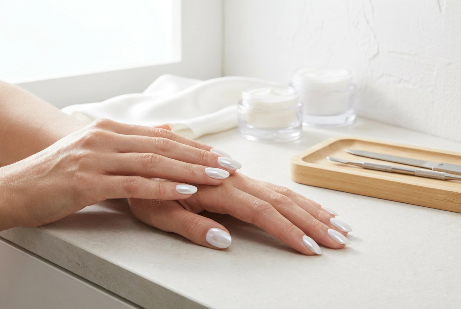Ongles clairs avec poudre : effet miroir délicat pas à pas